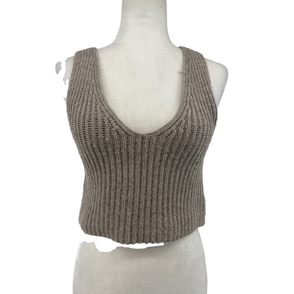 The Drop Womens Taupe Ribbed Knit V-Neck Cropped Sweater Vest Wool‎ Blend Small